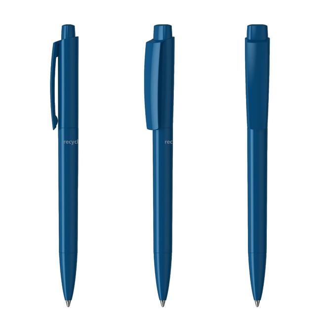 Three blue plastic pens with clip mechanisms, featuring a simple, sleek design. Each pen has a different angle.