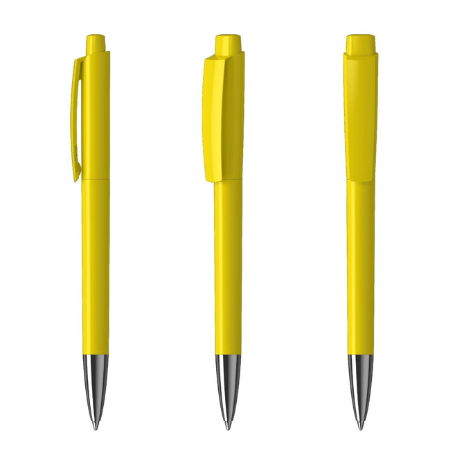 A set of three yellow metal pens with silver accents, featuring different angles and a logo on each.