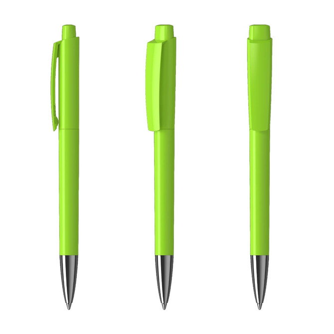 A set of three bright green metal pens featuring a sleek design and a clip. Each pen has a shiny silver tip.
