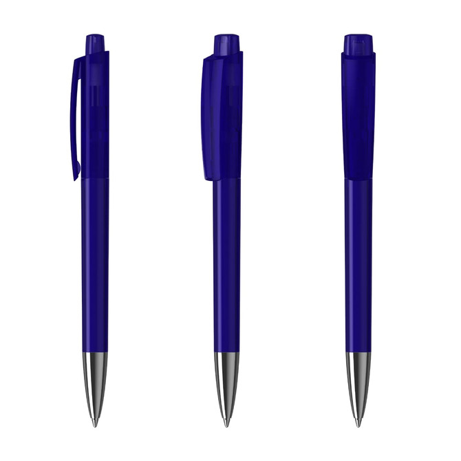 A set of blue transparent plastic pens with silver accents, featuring varying positions and a logo.