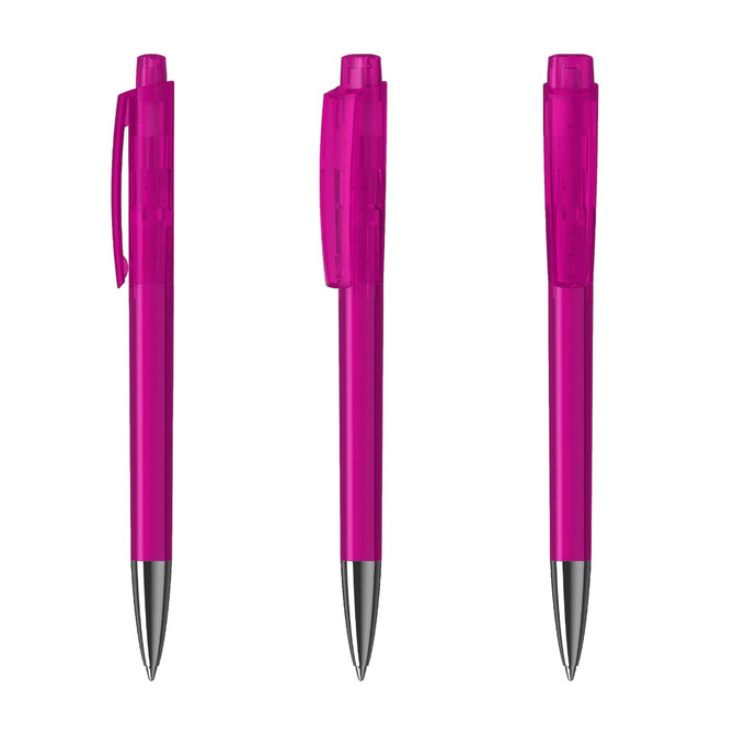 Three transparent pink plastic pens with silver tips, featuring a clip and a logo on the barrel.
