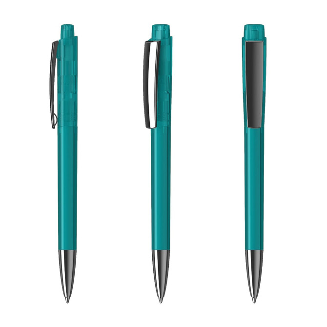 A set of transparent teal plastic pens with silver accents, featuring a clip and a smooth barrel design.