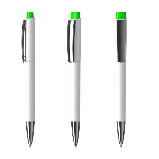 A set of white plastic pens with a high gloss finish, featuring green toppers and silver accents.