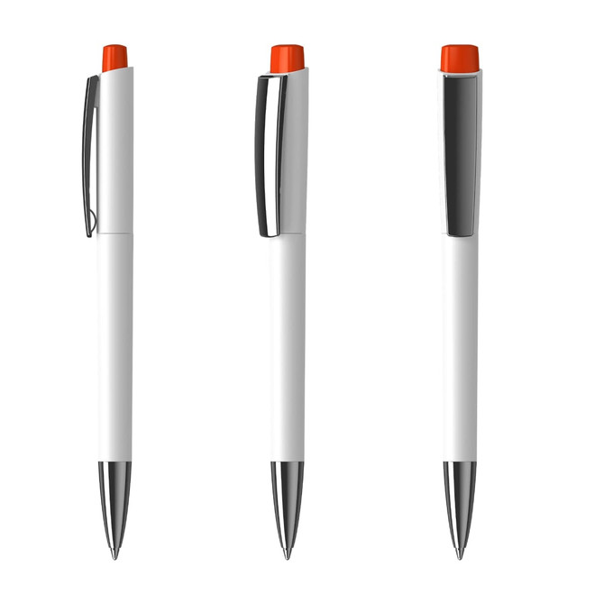 A set of three white plastic pens with glossy finishes and orange tops, featuring a silver clip and trim.
