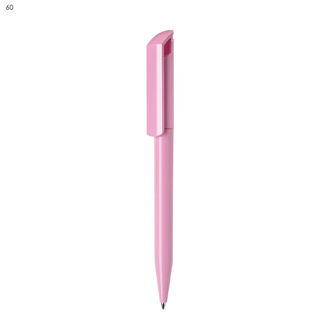 A pink plastic pen with a clip and smooth design. The pen features a logo on its side.