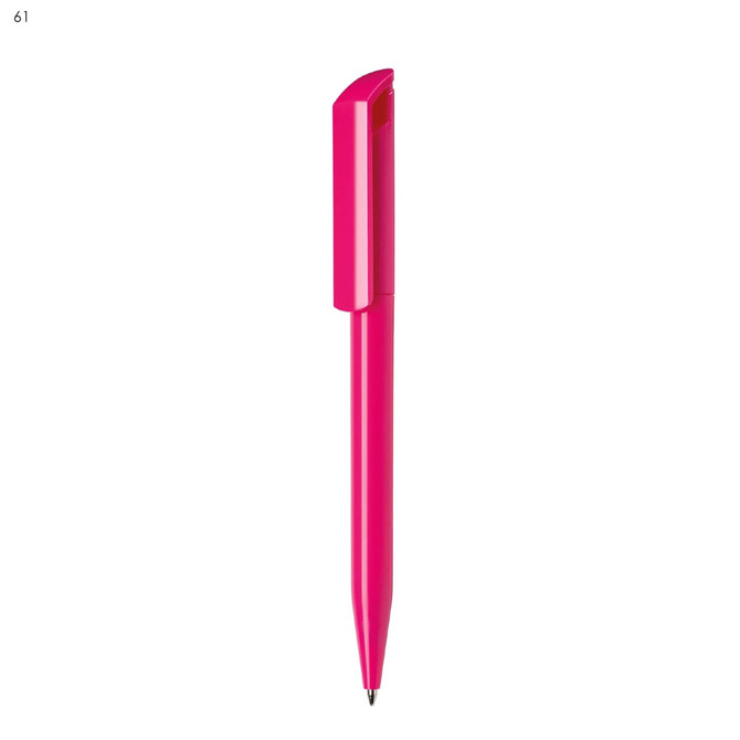 A pink plastic pen with a sleek design and a clip at the top, featuring a logo.