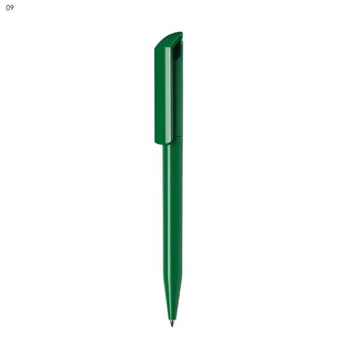 A green plastic pen with a sleek design and a pointed tip. It features a clip on the upper section.