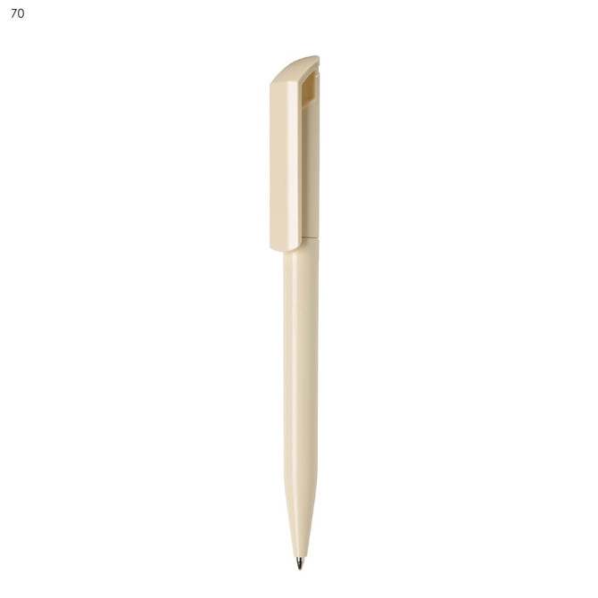 A plastic pen in a creamy beige colour with a sleek design and a branding logo on the side.