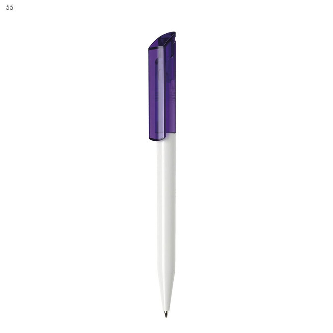 A plastic pen featuring a white body and a purple cap, complete with a logo.