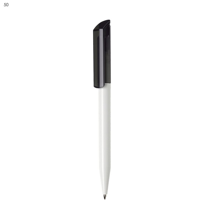 A plastic pen in white with a black clip, featuring a branding logo.