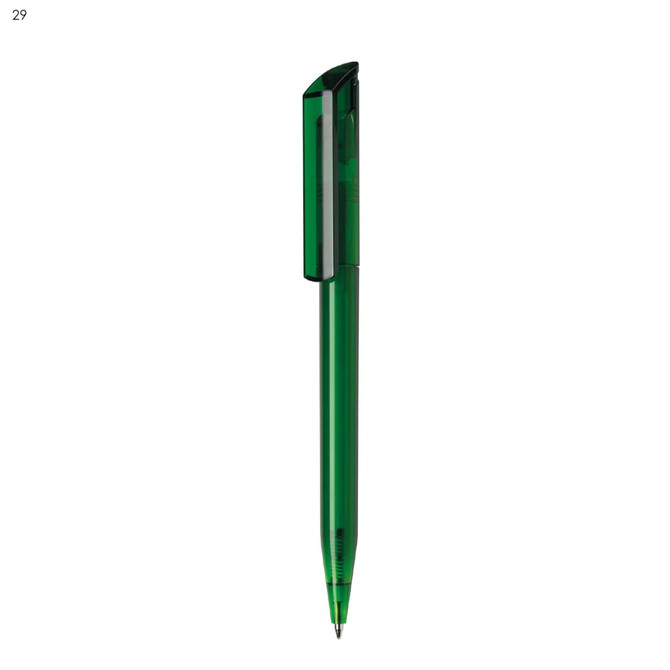 A green plastic pen with a sleek design and a clip at the top, featuring a branding logo.