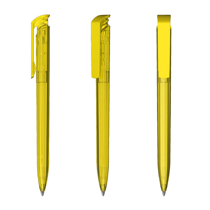 A transparent high gloss yellow plastic pen with a clip, showcased from three different angles.