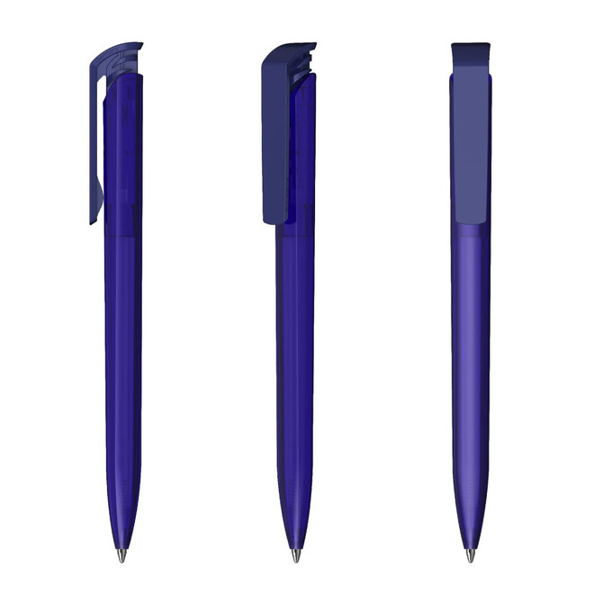 A transparent high gloss plastic pen in a deep blue colour, featuring a clip and a sleek design.