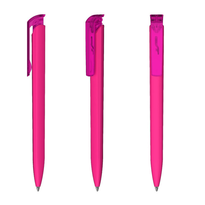 A pink plastic pen with a transparent cap, featuring a clip and a smooth barrel design.