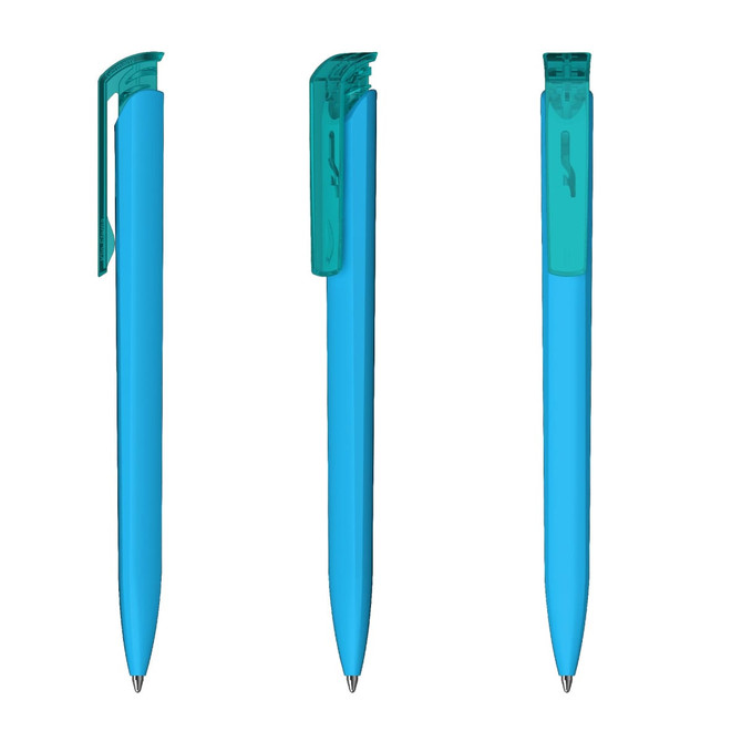 A set of three blue plastic pens with a transparent teal clip, featuring a logo on the body.