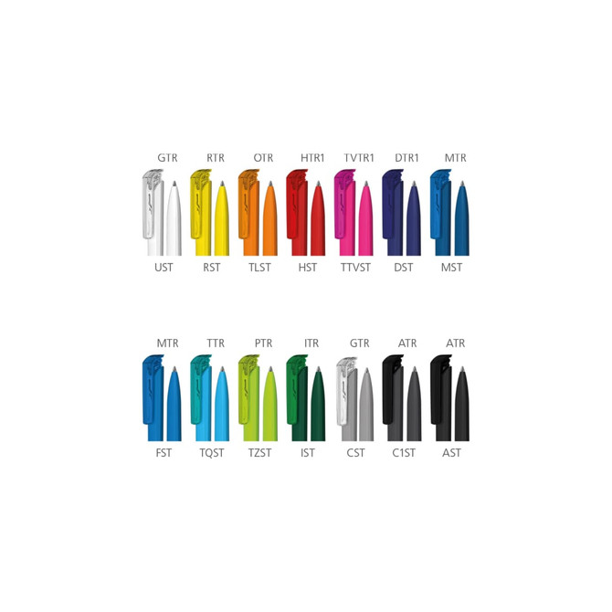 A variety of plastic pens in multiple colours, featuring transparent barrels and clips, with logos present.