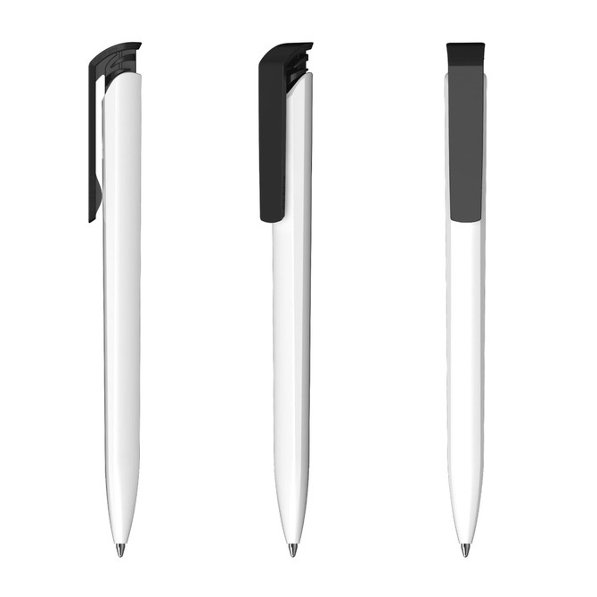A set of three plastic pens in white with black clips, featuring a sleek, minimalist design. Each pen has a logo.