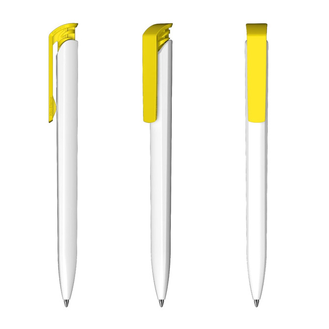 A white plastic pen with a yellow clip, displayed from multiple angles, featuring a branded logo.
