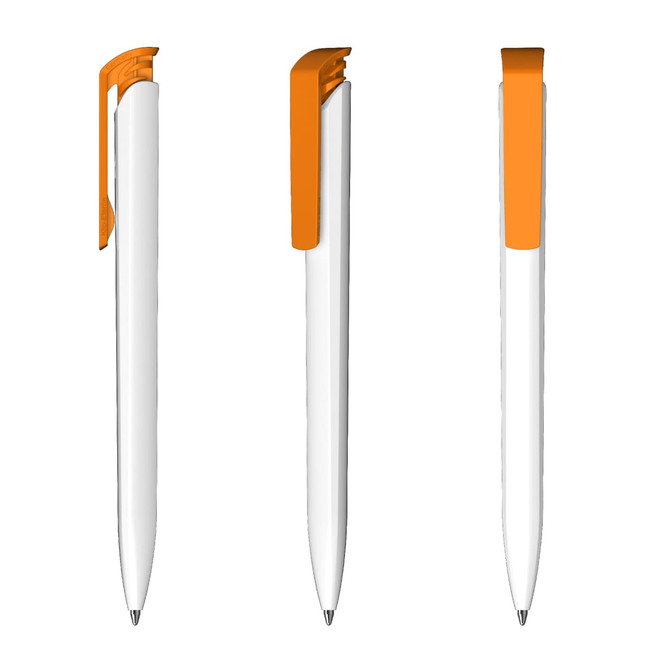A white pen with an orange clip and tip, featuring a sleek design. The image shows multiple angles of the pen.