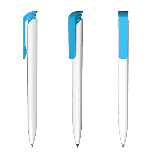 A set of three plastic pens featuring a white body and a blue clip, displaying different angles.