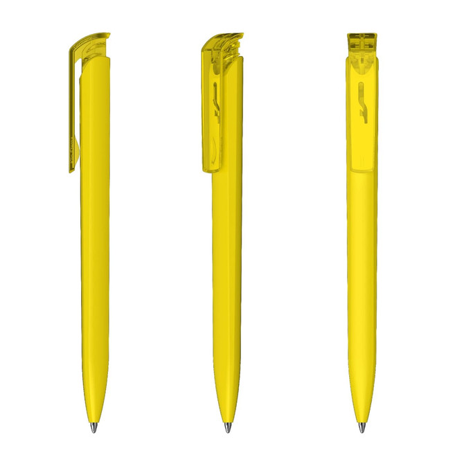 A set of three high-gloss transparent yellow plastic pens with clips.