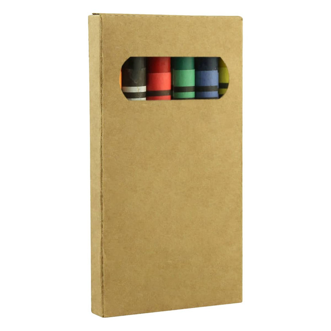 A crayon set featuring six vibrant colours, packaged in a brown cardboard box with a clear window.