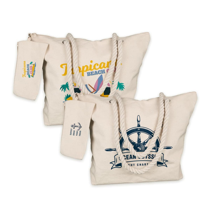 Ariel Canvas Tote Bag in beige featuring decorative graphics and rope handles, accompanied by a matching pouch.