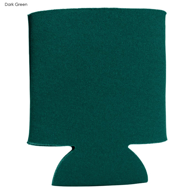 A dark green foam stubby holder with a curved base and a simple design, featuring a logo.