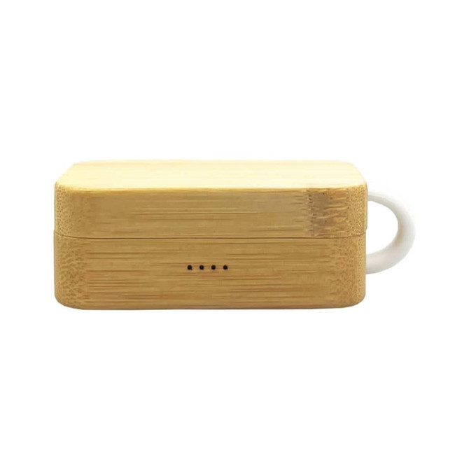 A bamboo charging case with a white handle for wireless earbuds, featuring a subtle logo.