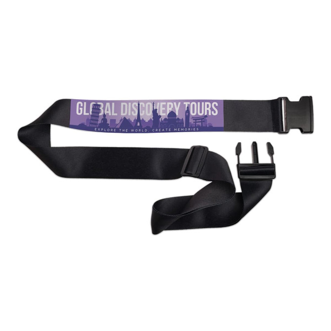 A black luggage strap featuring a textured design and a buckle closure. It has a logo and branding elements.
