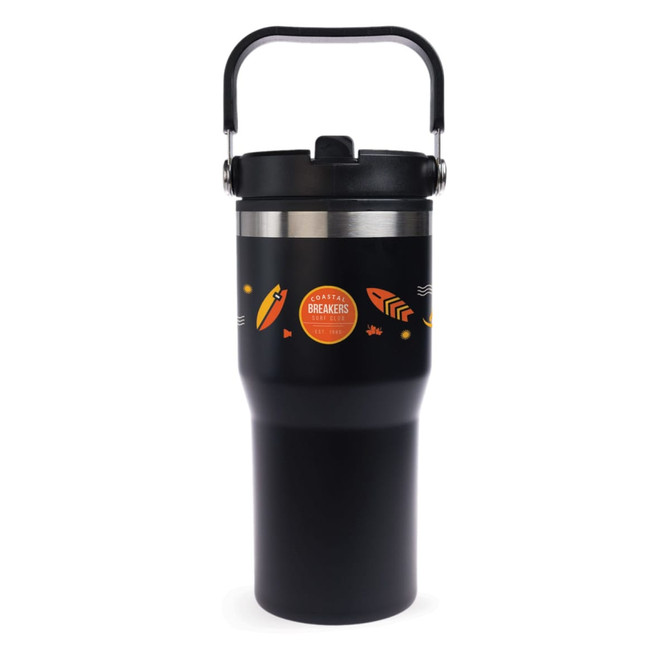 A drink bottle featuring a black design with a silver band and a handle, including a logo.