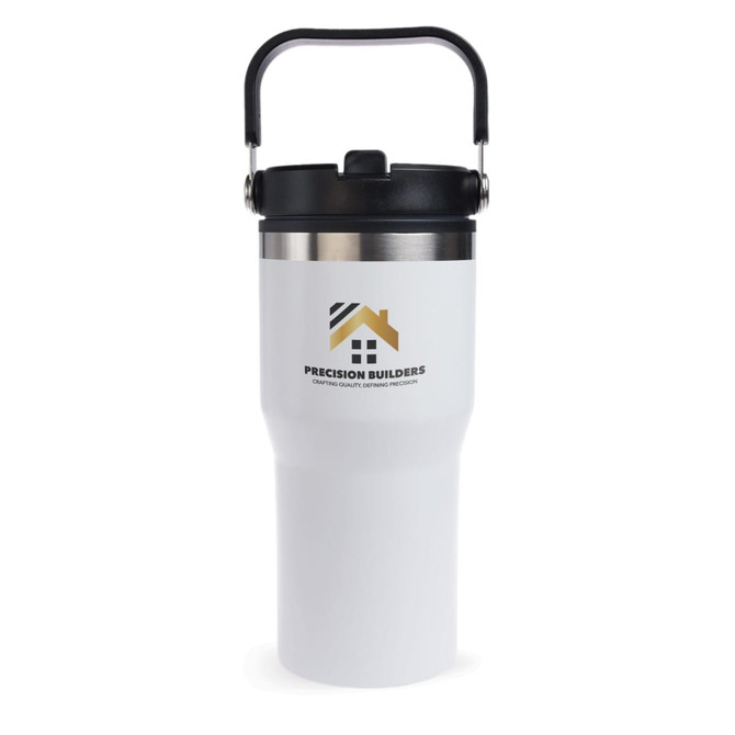 A drink bottle featuring a white body and black lid, equipped with a handle, showing a logo on the front.