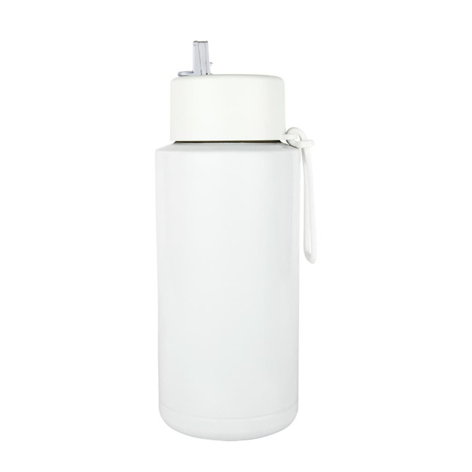 A drink bottle in white, featuring a flip-top lid and a strap. It has a logo on the surface.