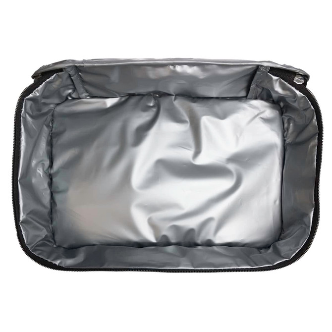 A grey cooler bag with a spacious, insulated interior. The bag features a zippered closure and a smooth, shiny lining.