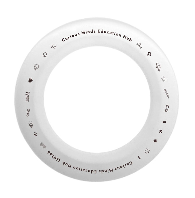 A silicone flyer featuring a circular design with various playful icons and branding for Curious Minds Education Hub.