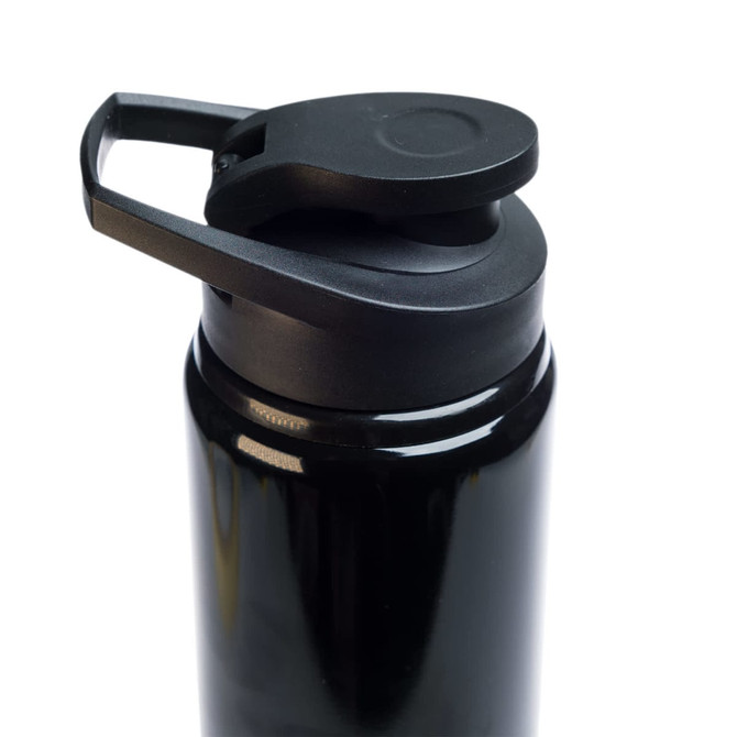 A drink bottle in black with a free flow lid and a sleek design, featuring a handle for easy carrying.