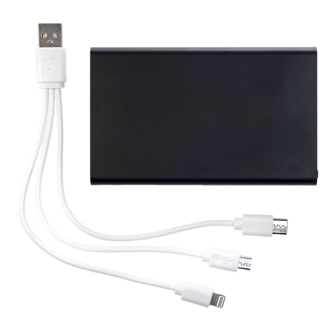 A black power bank with a USB cable featuring multiple connectors in white.
