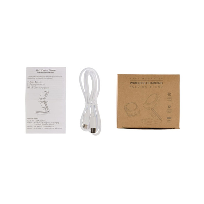 A wireless charger set including a charging cable, instruction manual, and a cardboard box with a folding stand design.