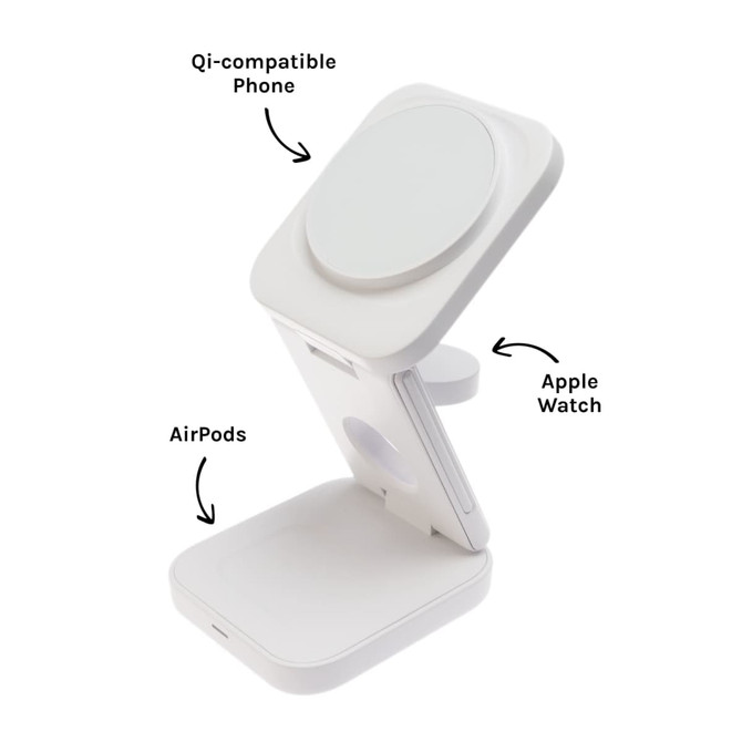 A compact white 3-in-1 wireless charger for a phone, Apple Watch, and AirPods, featuring a logo on the base.