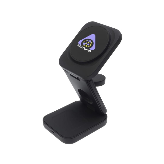 A black 3-in-1 wireless charger with a sleek design and a logo. It features a stand and a flat charging pad.