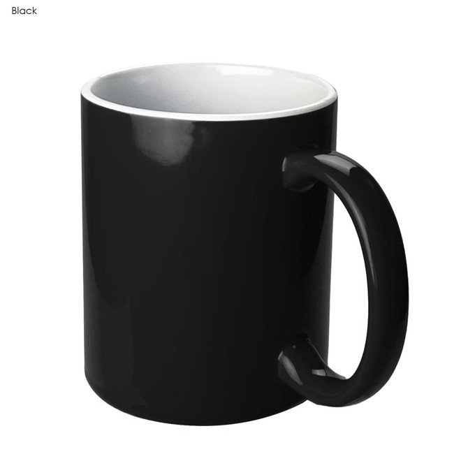 A black coffee mug with a glossy finish and a contrasting white interior, featuring a handle and a branding logo.