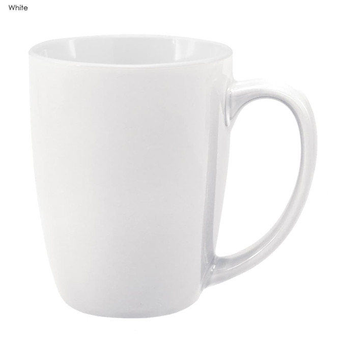 A white coffee mug with a smooth finish and a curved handle. It features a logo or branding on the surface.