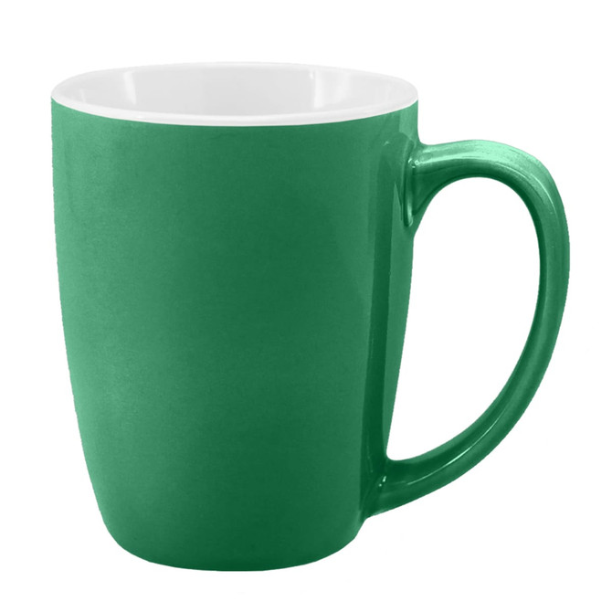 A green coffee mug with a white inner lining and a curved handle, featuring a sleek design and a logo.