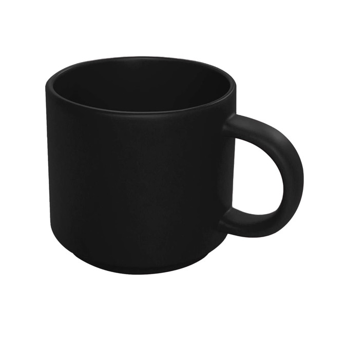 A ceramic mug in matte black with a rounded design and a sturdy handle. Features a logo on the side.