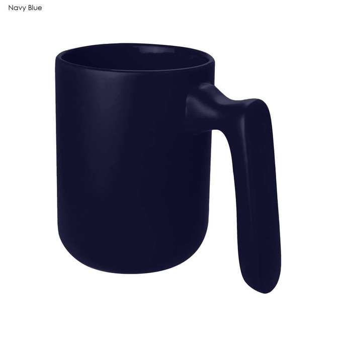 A navy blue coffee mug with a sleek handle and a simple, modern design. It features a branding logo.