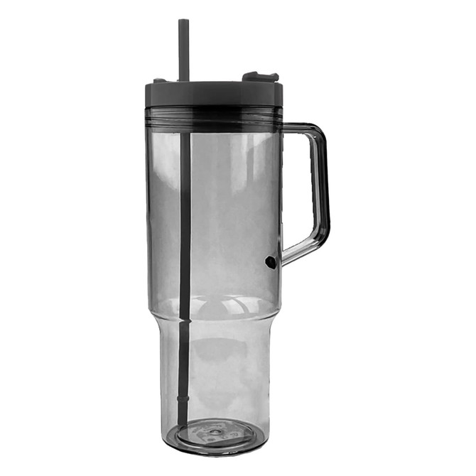 A travel mug in transparent grey with a handle and a straw, featuring a dark lid.