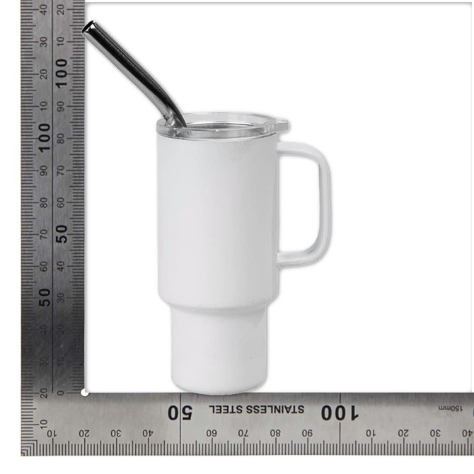 A drink bottle in white with a metal straw and a handle, featuring a lid and a logo.