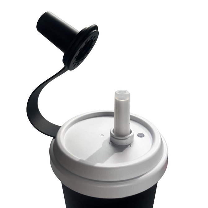 A double wall plastic tumbler in black with a white lid and a clear straw, featuring a removable silicone cap.