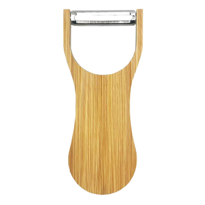 A bamboo bottle opener with a stainless steel blade. Features a simple, natural wood design. Includes a logo.