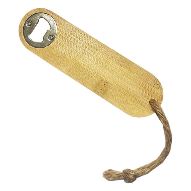 A drink bottle opener made of bamboo with a metal bottle cap remover and a rope handle. It features a logo.